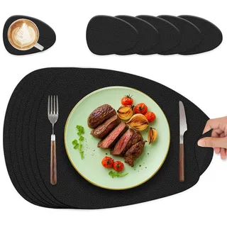 HELI MIAO Tischsets Abwaschbar 6er Set - Doppelseitige Platzsets, Platzdeckchen mit Untersetzer aus Lederoptik, wasserdichte als Tischunterlage für Ihren Esstisch - Oval in Schwarz