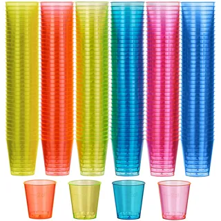 MATANA 300 Bunte Shotgläser Plastik, Schnapsgläser (3cl) - Neon Becher Schwarzlicht - Schnapsbecher, Plastik Pinnchen, Schnaps Becher, Shotbecher - Party Zubehör - Stabil & Mehrweg