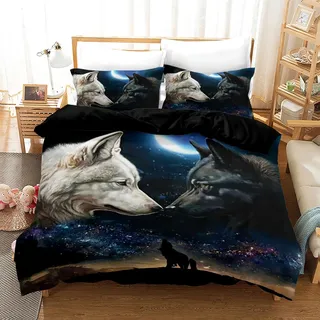 Bettwäsche Wolf 135x200, 3D Tierbettbezug mit Reißverschluss Wolf-Motiv Soft Weiche Schlafkomfort Microfaser