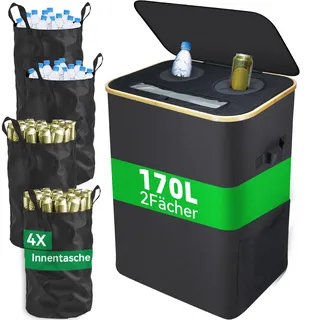 DanzeyGreen 170L Pfandflaschen Sammelbehälter mit Deckel, 4 Flaschentaschen | Fächer,4 Flaschentaschen,Großer Pfandbehälter,Flaschensammler leergut geeignet für Küche und Speisekammer,Schwarz