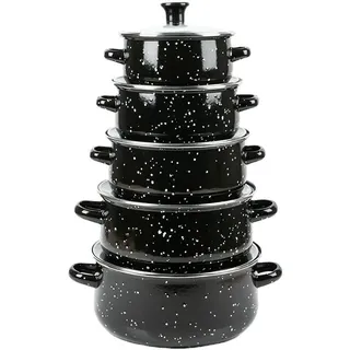 Herzberg HG04128, 10-teiliges Topf- und Bräter-Set mit Glasdeckeln, schwarzer Emaille, bequeme Griffe, vielseitige Größen (16-24CM), überlegene Haltbarkeit, leicht zu reinigen.