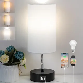 ROTTOGOON 3 Farben Temperatur Nachttischlampe mit USB A und C Anschluss Tischlampe für Schlafzimmer mit LED Birne Kleine Lampen für Wohnzimmer (Weiß)
