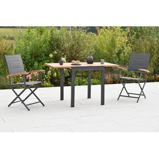 Merxx "Paxos" Gartenmöbel Set 3tlg., 2 Klappsessel, Balkonausziehtisch 65 (130) x 65 cm, Aluminium/Akazie/Textil - Grau
