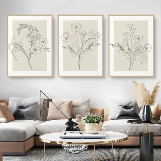 Uixxducc Blumen Bilder Wohnzimmer Poster 3er Set Einfachheit Linie Blumen Wandbilder Kunstposter Boho Wanddeko Aesthetic Bilder Leinwand Ohne Rahmen (50 x 70 cm/ 19.7 x 27.5 in)