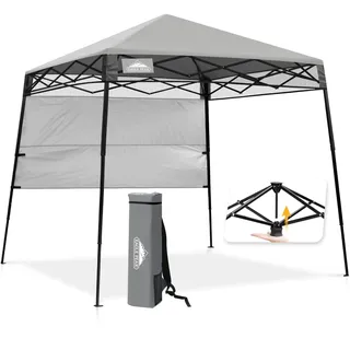 EAGLE PEAK Schräge Beine Faltbar Pavillon 2.4x2.4m Wasserdicht Camping Pop-up Faltpavillon mit Seitenteil, inkl. Rucksack, 8' x 8', Hellgrau