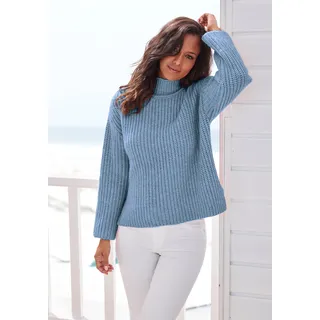 Stehkragenpullover BUFFALO "in Melange-Optik", Damen, Gr. 36/38, blau (blau meliert), Strick, Obermaterial: 64% Polyester, 23% Polyacryl, 10% Polyamid, 3% Wolle, meliert, figurumspielend hüftlang, Pullover Stehkragenpullover, lockere Passform, warmer Strick, kuscheliger Strickpullover, Oversize