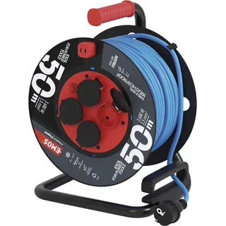 EMOS ganzjährige Outdoor-Kabeltrommel 50m, blaues 1,5 mm2 Verlängerungskabel, 4 Steckdosen mit Klappdeckeln, IP44 wasserdicht und frostbeständig für Außenbereich, Industrie, Baustelle