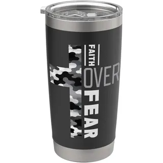 Religiöser Bibelvers "Faith Over Fear", christliches Camouflage-Kreuz Doppelwandiger Edelstahl-Thermobecher