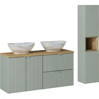 Badezimmerset mit zwei Waschbecken, Schränken und Pfosten 120 cm - grün mit Eichenplatte - Grün
