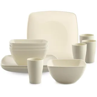 HOMGEN Unzerbrechliches Geschirr Set 4 Personen – 12-teiliges Camping Geschirr Set, Besteck Set, Spülmaschinen- und Mikrowellengeeignet, Leicht & Stapelbar für Outdoor & Zuhause- Beige