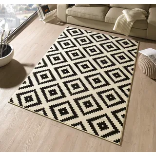 HANSE HOME Teppich Raute – Wohnzimmerteppich Kurzflor Skandi Rauten Muster Modern Velours Teppich für Esszimmer, Wohnzimmer, Kinderzimmer, Flur, Schlafzimmer, Küche – Schwarz Creme, 80x200cm