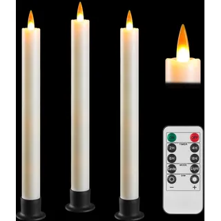 Da by LED Stabkerzen mit Fernbedienung und Timer, batteriebetriebene Kerze, 3D dynamisch simulierte Flamme, 3 schwarze Basen, 3 Stück, elfenbeinfarbene für Wohnkultur