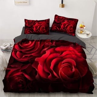 Luowei Bettwäsche 135x200cm 4 Teilig Rot Rosen Aesthetic Blüten Bettwäsche-Set für Doppelbett Weiche Microfaser Bettbezug mit Reißverschluss und 2 Kissenbezüge 80 x 80 cm