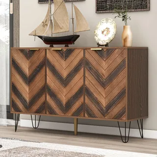 Merax Sideboard mit Fischgrätenmuster Nachbildung und Eisenfüße, Kommode mit 3 Türen und goldenen Metallgriffe, Highboard Holz, Anrichte, B/H/T: 120/76,5/38cm, Walnuss - Braun, Schwarz