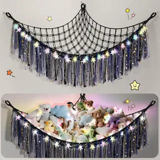 Lunriwis Kuscheltier Aufbewahrung Netz mit LED-Leuchten, Boho Makramee Spielzeug kinderzimmer deko, StofftieStofftier Aufbewahrungstasche Hängematte Aufbewahrung Kuscheltiere Schwarz