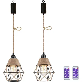 EcoGehen 2x Boho Hängelampe mit Batterie Vintage Deckenlampe Ohne Stromanschluss Batteriebetrieben Glühbirne Hängeleuchte Hängend Lampen Akku Pendelleuchte Batterien Deckenleuchte Rattan Lampenschirm