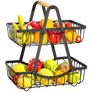 BACKTOUR 2 Stöckig Obstkorb Etagere, Obstschale Metall Schwarz mit Holzgriff, 2 Etagen Obstschale Moderne für Obst, Gemüse, Snacks, Brot, Küche, Eckregal Stehend Aufbewahrung Küche