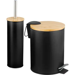 Amig - Set aus Mülleimer und WC-Bürstenhalter Naturline - Ø168 x 230 mm - Edelstahl und Bambus - Farbe Schwarz - Praktisches und stilvolles Bad-Set - Perfekt für eine anspruchsvolle Einrichtung