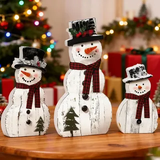 Timasser Weihnachtsdeko Holz Schneemann Figur, 3er Schneemann Deko Weihnachtsfiguren Klein Schneemänner Deko Figuren Tischdeko Weihnachten Holzdeko Weihnachtsdeko Innen Figuren für Winterdeko