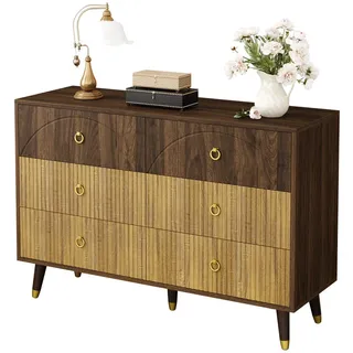 Redom Sideboard 120/40/81 cm mit 6 Schubladen, goldenen Ringgriffen und Retro-Design, Natur , Naturfarben , Holzwerkstoff , 120x81x40 cm , Kleinmöbel, Kommoden, Sideboards