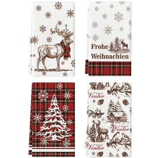 Artoid Mode Rot BüffelKaro Weihnachtsbaum Rentier Frohe Weihnachten Küchentücher Geschirrtücher, 42x65 cm Christmas Deko Polyester Handtücher 4er Set