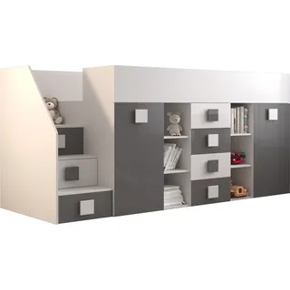 Etagenbett für Kinder Toledo 3 Stockbett mit Treppe, Schreibtisch, Bettkasten (Weiß/Weiß Glanz + Grau Glanz, Seite: Links) - Weiß, Grau