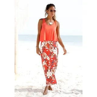 Maxikleid S.OLIVER, Damen, Gr. 46, N-Gr, orange (koralle, bedruckt), Jersey, Obermaterial: 100% Viskose, figurumspielend bodenlang, Rundhals, Kleider Maxikleid, im Lagen-Look mit Blumenprint, Sommerkleid, Strandkleid, Topseller
