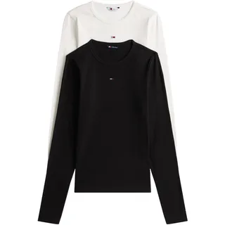Tommy Hilfiger Tommy Jeans Damen 2er Pack Langarmshirts Slim Essential Rib Rundhalsausschnitt, Mehrfarbig (Black/Ecru), XL