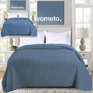 wometo Tagesdecke 170x210 Oeko-TEX Microfaser blau im Wende-Design | Bettüberwurf XL wattiert gesteppt für franz. Bett Sofa Couch Einzelbett