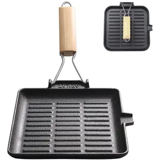 LIYGAOF Steakpfanne Gusseisen Grillpfanne Klappbarer Holzgriff: 20×20cm Grill Pan Induktion Viereckige Pfanne für Alle Herdarten Leicht zu Reinigen