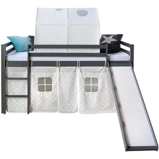 Homestyle4u Hochbett mit Vorhang Rutsche und Tunnel 90 x 200 cm Kiefer massiv grau Sterne