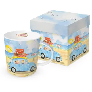 To the Beach Trend Tasse mit Geschenkbox, Strandmotiv mit blauem Auto, Keramik Kaffeetasse