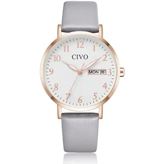 CIVO Damenuhr Lederarmband Grau Elegant - Uhren Damen Analog Quarz Datum Wasserdicht Armbanduhr Frauen Minimalistisch Mode Kleid Geschenke für Damen