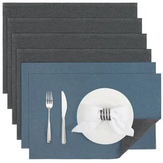Banchif Tischsets abwaschbar doppelseitig Platzset Platzdecken abwaschbar | Platzsets abwaschbar Leinenimitat 6er Set doppelseitige Tischsets maschinenwaschbar rechteckig Platzdecken (Grau-Blau)