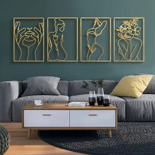 Glamativity 4 Stück Gold Wandkunst Dekor, minimalistisches Dekor, einzeilige Kunst-Wanddekoration, echtes Metall, Frauenkörperform, abstrakte Wandkunst (Gold klassischer Stil, Größe M 43,2 x 30,8 cm)