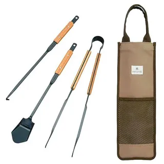 Snow Peak Fire Tool Set Pro, Schürhaken aus Stahl und Bambus, Feuerzange und Schaufel-Set mit Tragetasche aus Baumwoll-Canvas für Camping und Outdoor