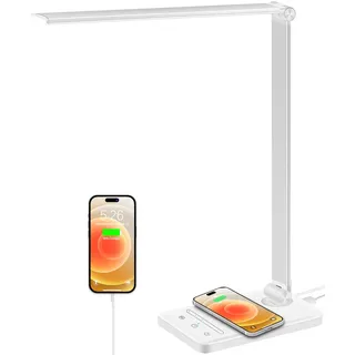 weareok Schreibtischlampe LED Dimmable,Tischlampe Augenschutz,Desk Lamp 5 Farb und 6 Helligkeitsstufen,10W QI KabellosemLadegerät und USB-Anschluss Table Lamp mit Netzstecker Touch Weiß