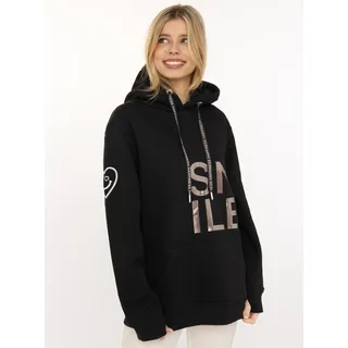 Hoodie ZWILLINGSHERZ "Alissa Shiny", Damen, Gr. S/M, schwarz, Sweatware, Obermaterial: 50% Baumwolle, 50% Polyester, comfort fit hüftlang, ohne Ausschnitt, angesetztes Bündchen, Sweatshirts Hoodie, glänzender Print, Daumenloch, Kordel, gesticktes Herz am Ärmel
