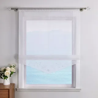 ESLIR Raffrollo mit Schlaufen Raffgardinen Gardinen Küche Transparent Schlaufenrollo Vorhänge Bestickt Modern Voile Weiß BxH 80x140cm 1 Stück