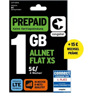 Congstar Prepaid ALLNET XS SIM-Karte ohne Vertrag I 1 GB Prepaid-Paket + 15€ Wechselbonus, in D-Netz Qualität für Einsteiger I 5G mit 25 Mbit/s I Telefonie & SMS Flat in alle dt. Netze