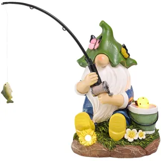TERESA'S COLLECTIONS Gartenzwerge Gartendeko für Draußen,20cm Wetterfest Figur mit Solarleuchte,Fischen Gartenfiguren draußen,Gartenwichtel Gartendeko Solar,Balkon Deko