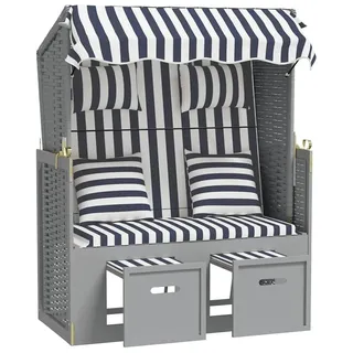 vidaXL Strandkorb mit Kissen Poly Rattan und Massivholz Blau & Weiß - Blau, Grau, Weiß