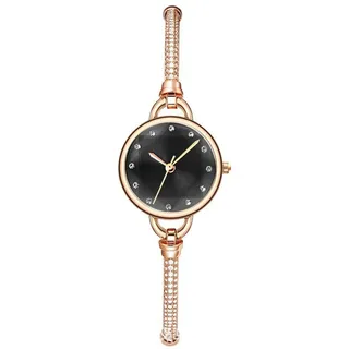 JewelryWe Damenuhr Glitzer Strass Uhr: Damen Elegant Analog Quarz Armbanduhr Kleine Lässige Uhren mit Schwarz Diamant-Schneid Zifferblatt und Rosegold Verstellbarem Schmalen Metallarmband