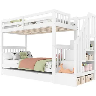 Wishdor Etagenbett 90/200 cm & 90/190 cm in Weiß mit Treppenregal und Ausziehbett , Holz, Holzwerkstoff , Rechteckig , 90x200 cm , Babymöbel & Kindermöbel, Kinderzimmer & Jugendzimmer, Stockbetten