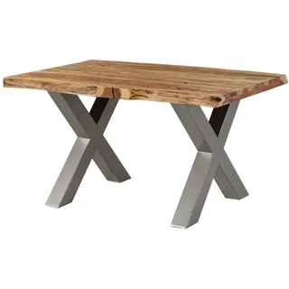 MASSIVMOEBEL24.DE Baumtisch Sheesham 140x90x77 natur sandgestrahlt / X-Beine silber matt FREEFORM 5