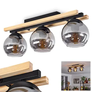 HOFSTEIN Deckenleuchte Podre, Deckenlampe aus Holz/Metall/Glas in Natur/Schwarz/Rauch, Leuchte im Retro/Vintage-Design mit Holzbalken, 3 x E27, Schlafzimmer, Wohnzimmer, Küche, Esszimmer