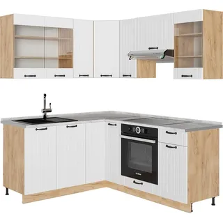 Vicco Eckküche Fame-Line, 190 x 60 cm , AP Marmor, Weiß Landhaus/Goldkraft Eiche - Weiß, Braun