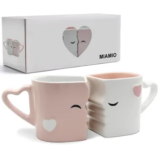 MIAMIO - Kaffeetassen/Küssende Tassen Set Geschenke für Frauen/Männer/Freund/Freundin zur Hochzeit/Weihnachten aus Keramik (Rosa)