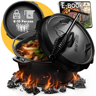IRON TASTE Dutch Oven Set 9L - Eingebrannter Dutch Oven 9 Liter - Feuertopf Gusseiserner Topf mit praktischem Deckelheber & Edelstahl Untersetzer [für 6-10 Personen]