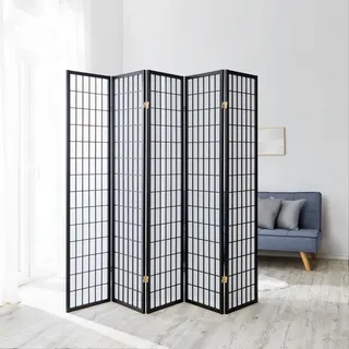 Homestyle4u Paravent 5-tlg. 220/175 cm Schwarz Shoji , Holz , 220x175x2 cm , Wohnzimmer, Raumteiler, Paravents
